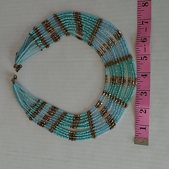 Nine Strand Beaded Necklace Blue/Green/Bronze with 2' Extension - Picture 7 of 7